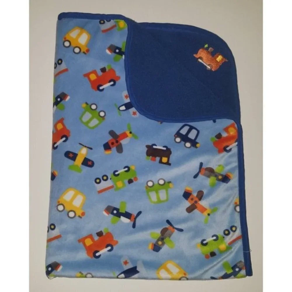 Tiddliwinks Blue Fleece Baby Blanket Lovey Trains Airplanes Cars Vehicles 30x40